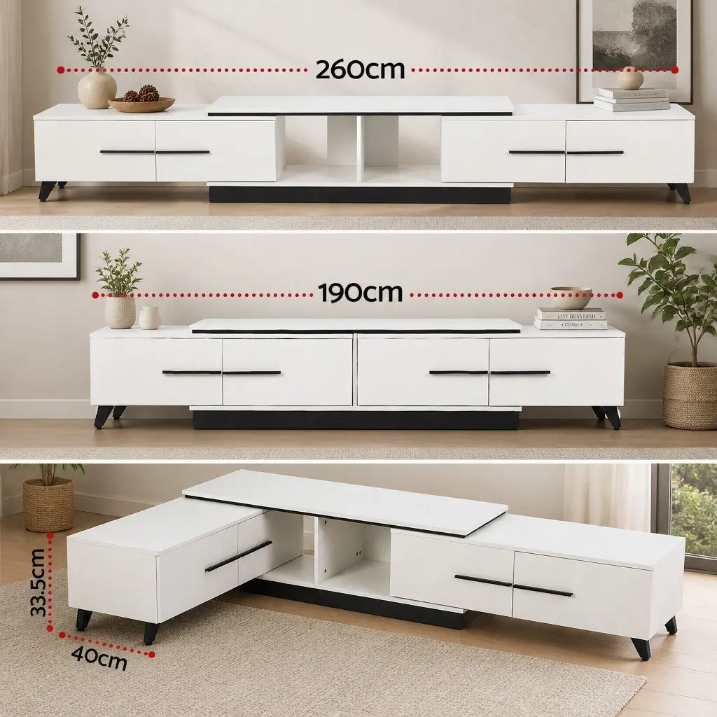 Extendable White TV Entertainment Unit with Storage Drawers