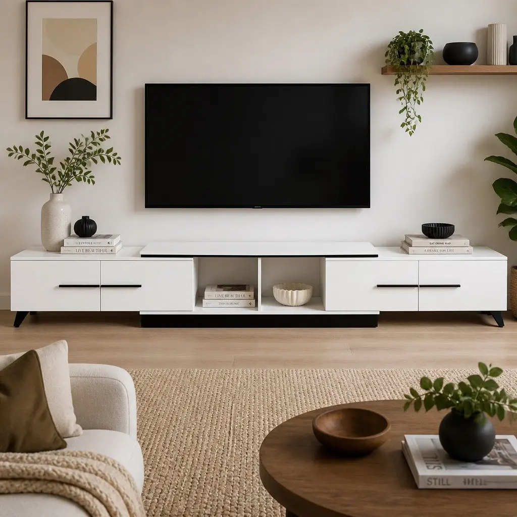 Extendable White TV Entertainment Unit with Storage Drawers