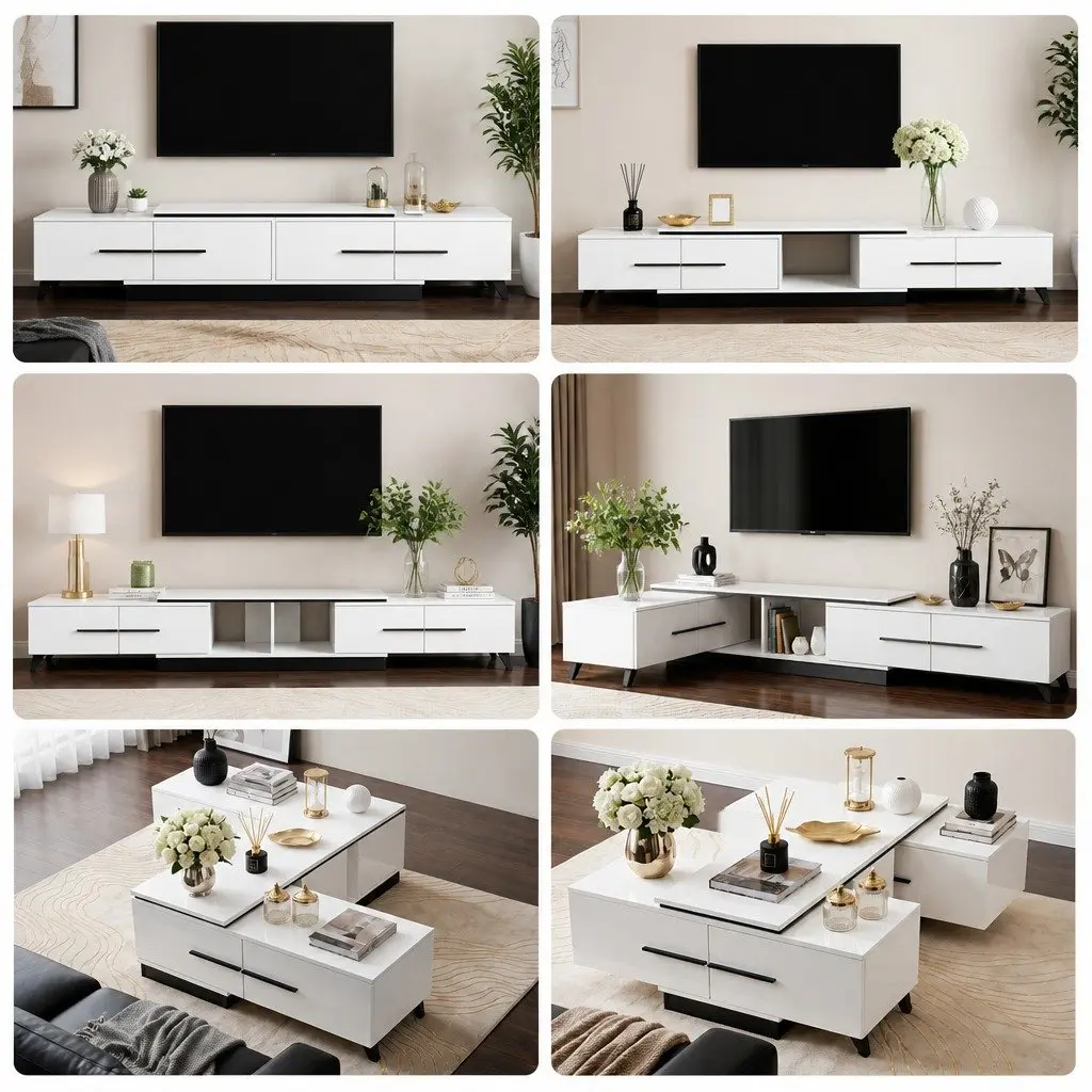 Extendable White TV Entertainment Unit with Storage Drawers