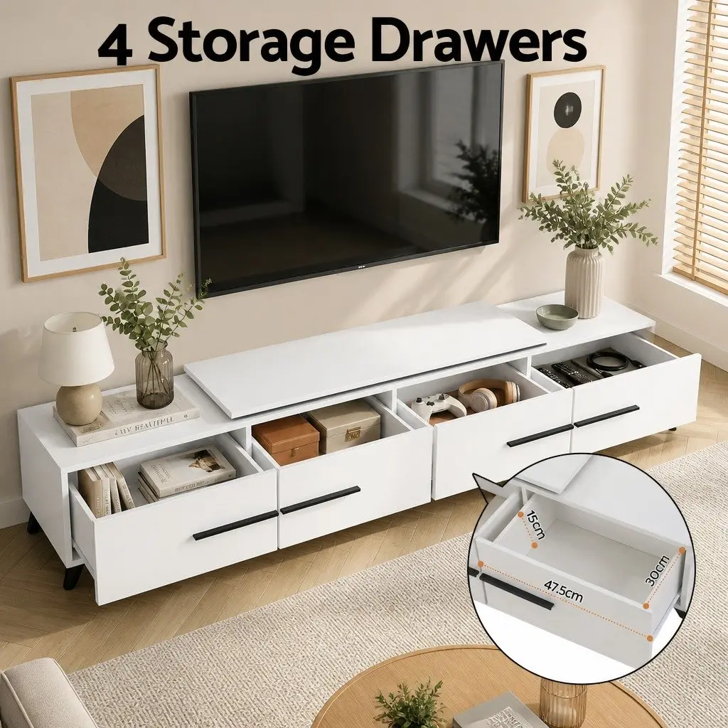 Extendable White TV Entertainment Unit with Storage Drawers