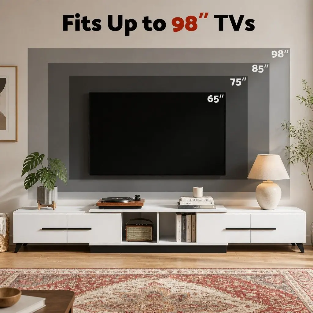 Extendable White TV Entertainment Unit with Storage Drawers