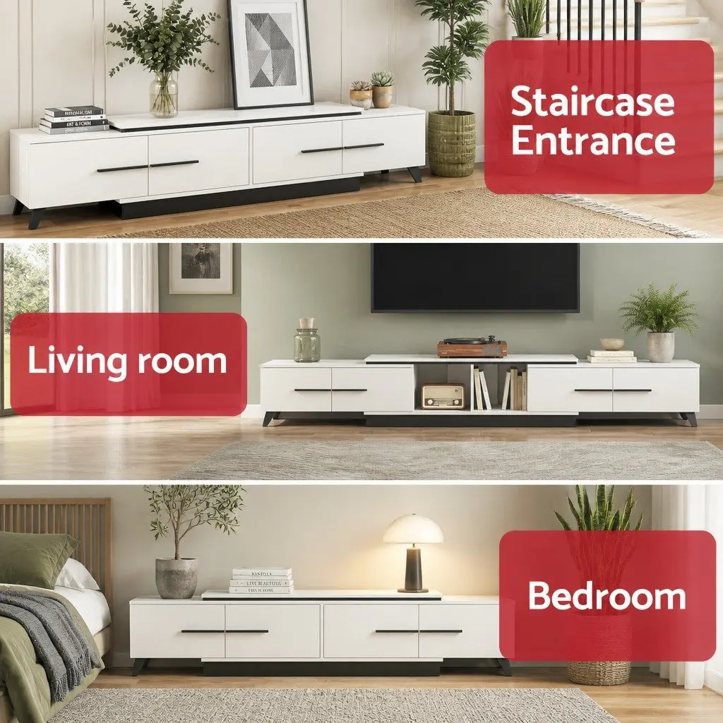 Extendable White TV Entertainment Unit with Storage Drawers