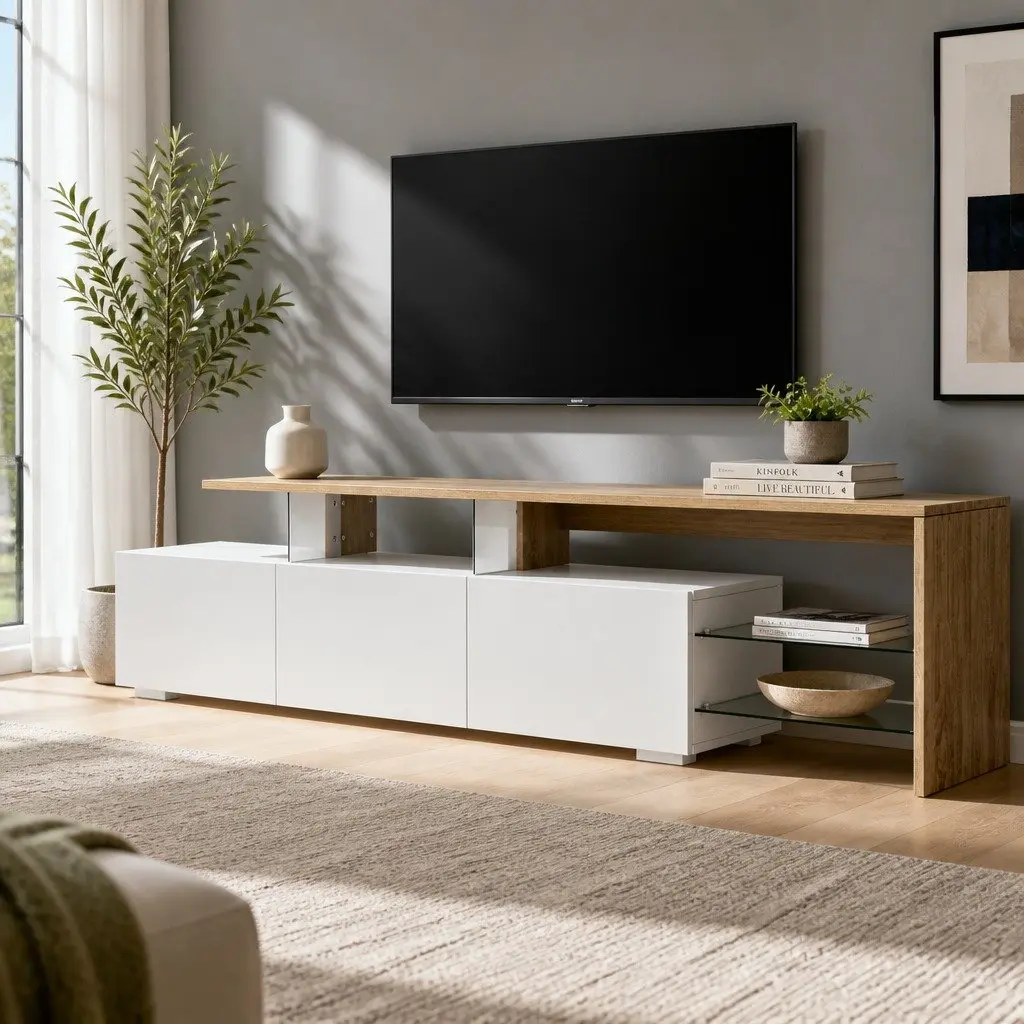 TV Cabinet Entertainment Unit Dual-Tone 180cm White Wood Tempered Glass Shelves