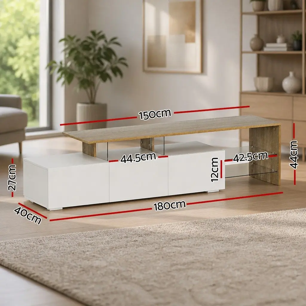 TV Cabinet Entertainment Unit Dual-Tone 180cm White Wood Tempered Glass Shelves