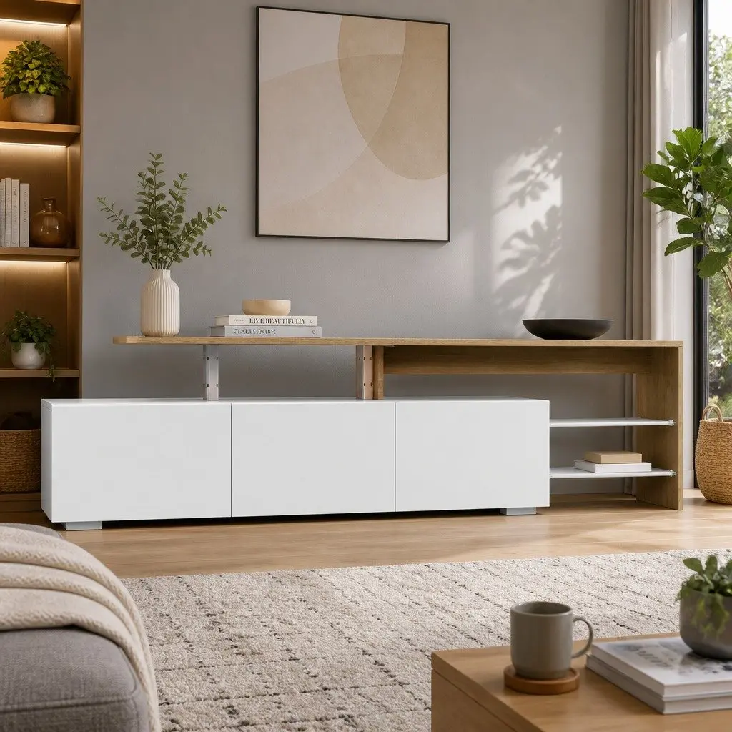 TV Cabinet Entertainment Unit Dual-Tone 180cm White Wood Tempered Glass Shelves