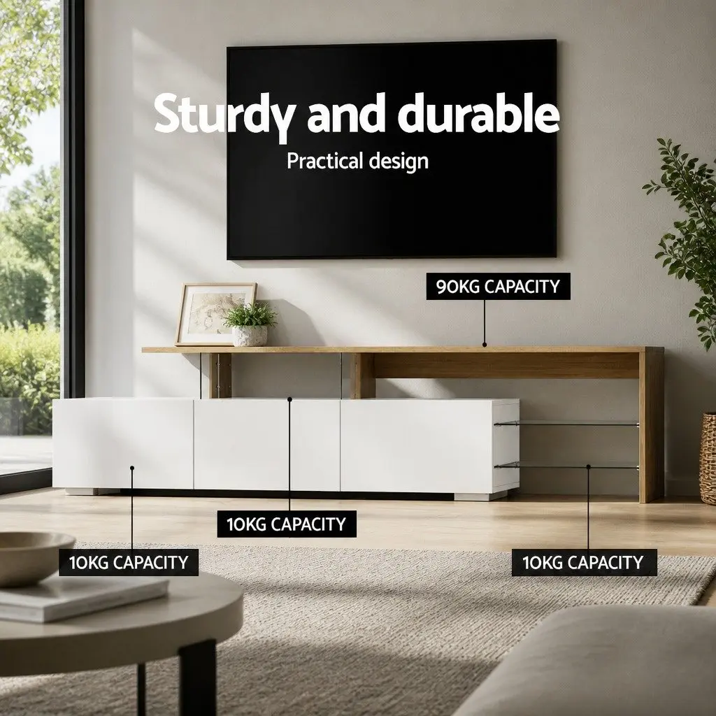 TV Cabinet Entertainment Unit Dual-Tone 180cm White Wood Tempered Glass Shelves
