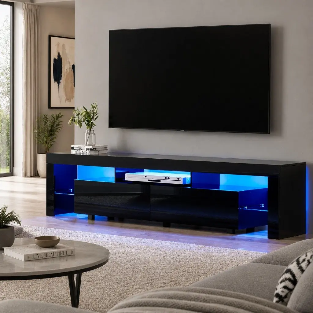 Black TV Cabinet with RGB LED Lighting 200cm