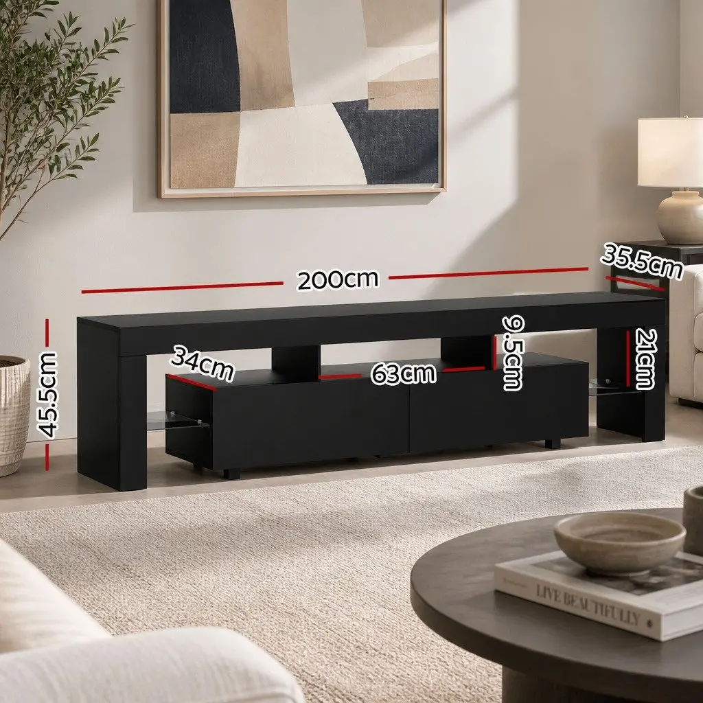 Black TV Cabinet with RGB LED Lighting 200cm