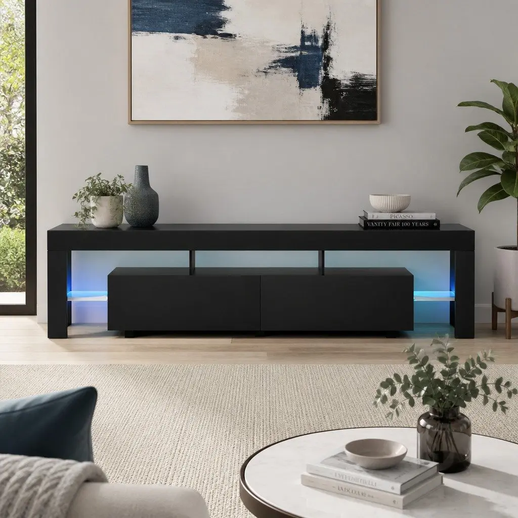 Black TV Cabinet with RGB LED Lighting 200cm