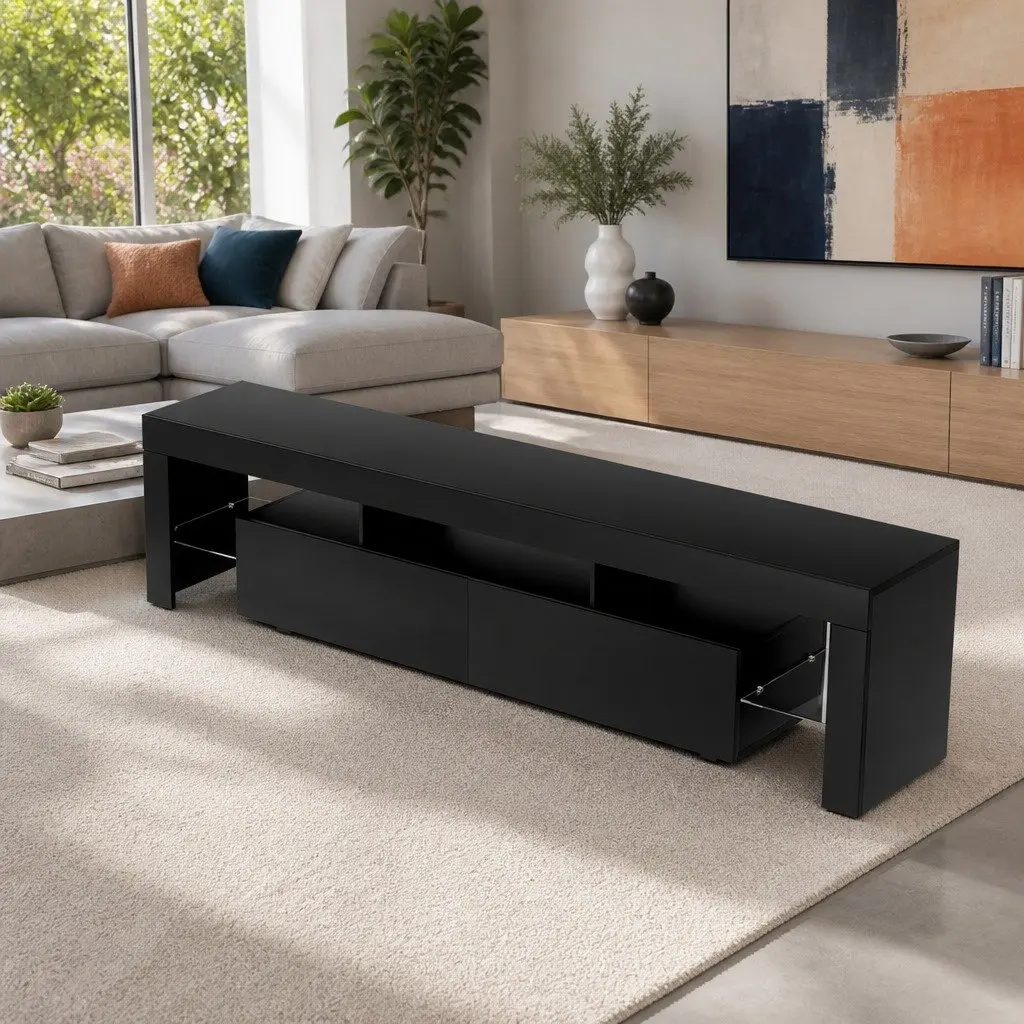 Black TV Cabinet with RGB LED Lighting 200cm