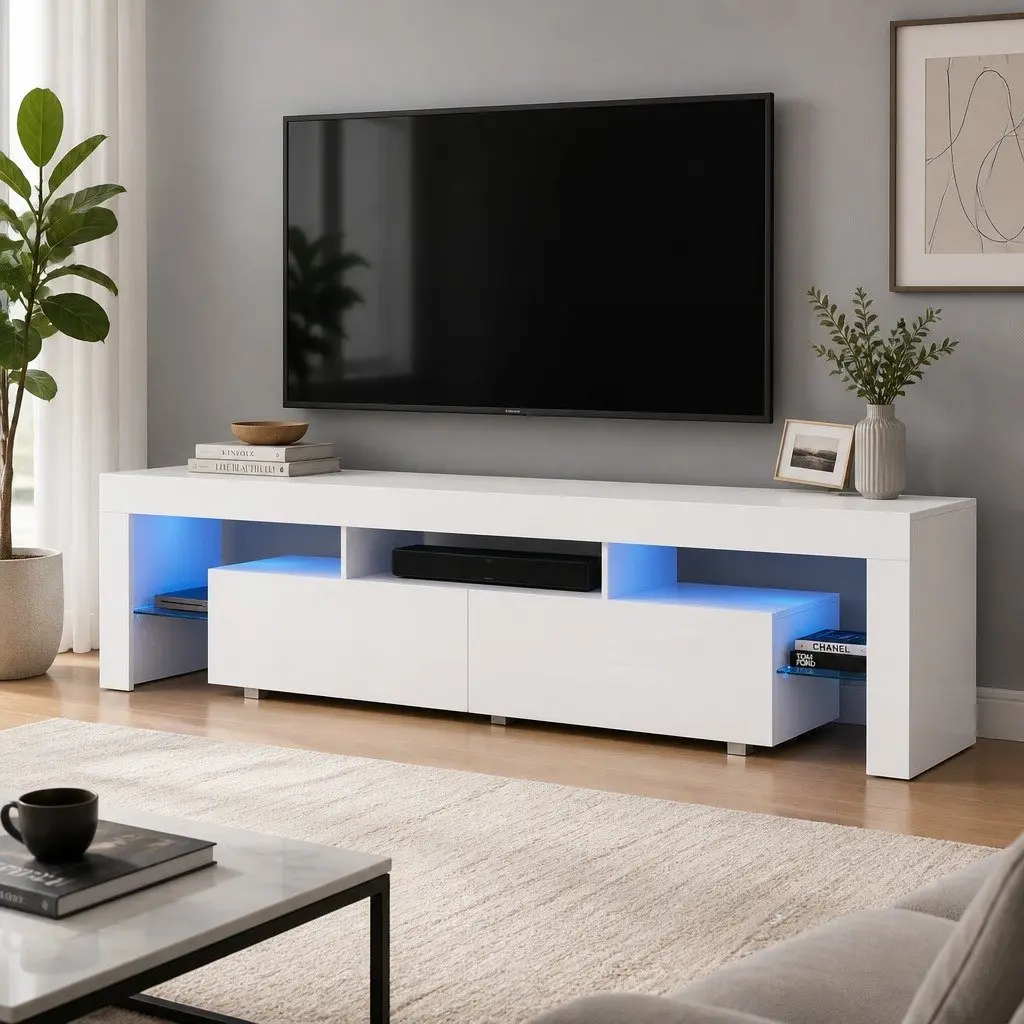 White Gloss TV Cabinet with RGB LED Lighting 200cm