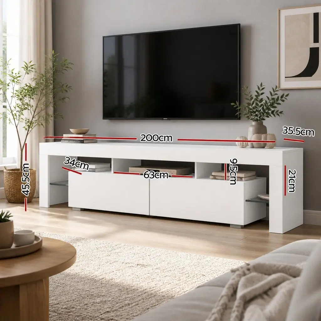 White Gloss TV Cabinet with RGB LED Lighting 200cm