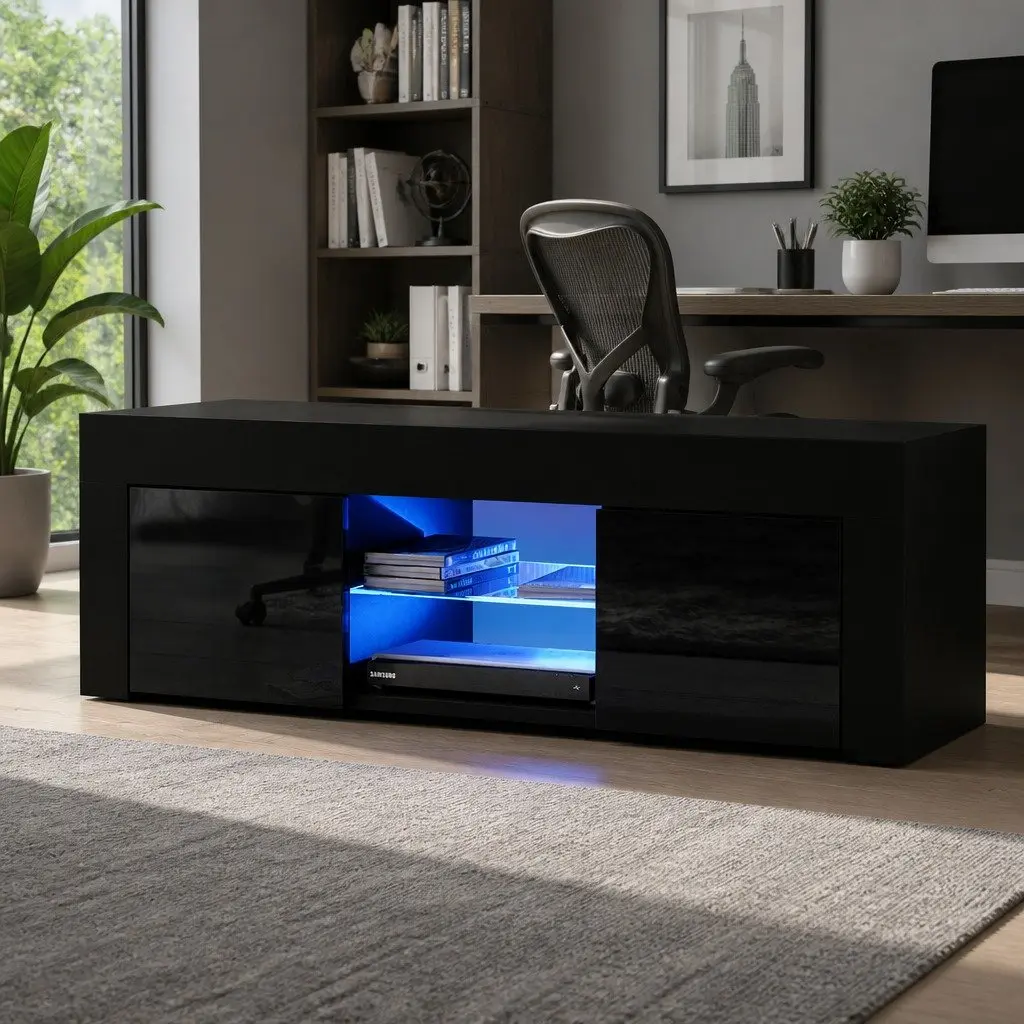 TV Unit Cabinet Modern 130cm Black RGB LED Lighting Storage Particle Board Tempered Glass