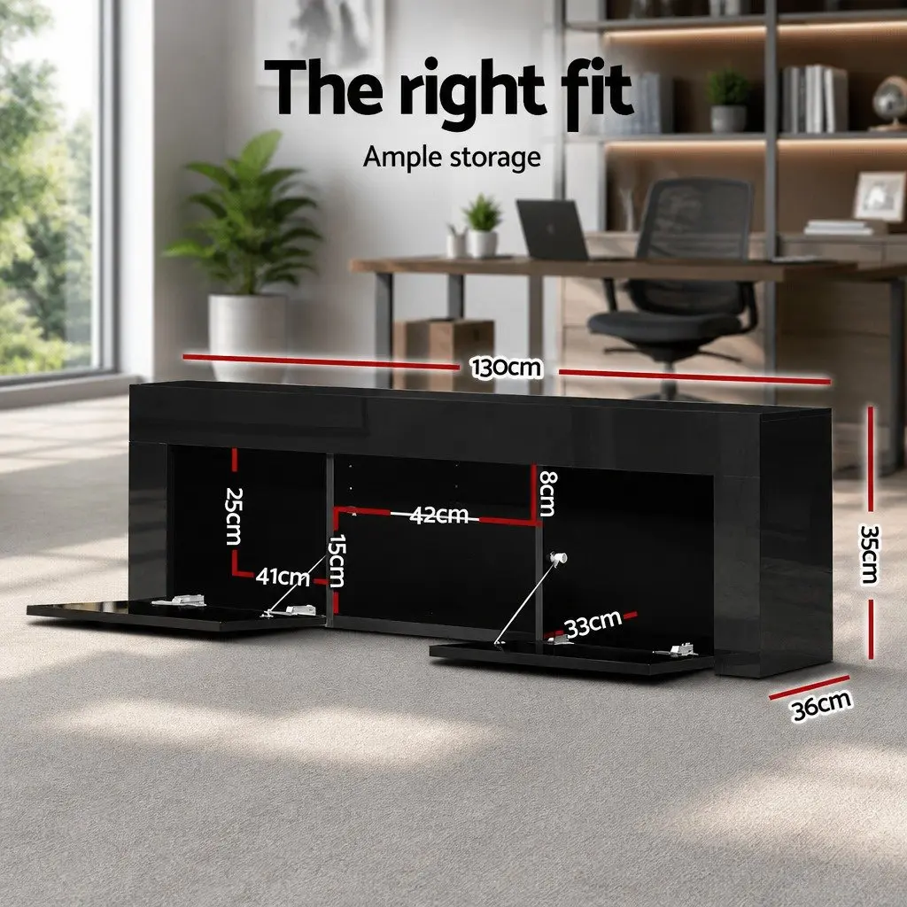 TV Unit Cabinet Modern 130cm Black RGB LED Lighting Storage Particle Board Tempered Glass