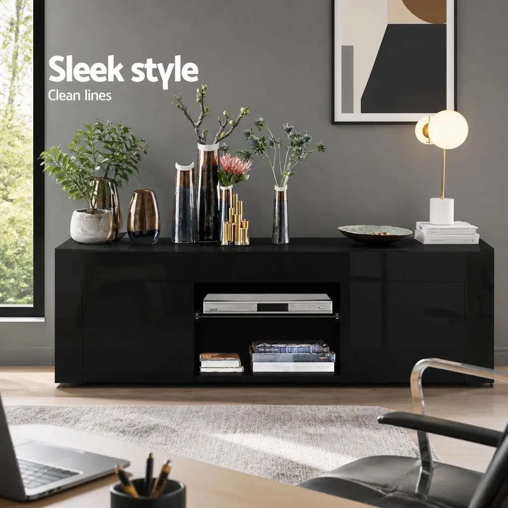 TV Unit Cabinet Modern 130cm Black RGB LED Lighting Storage Particle Board Tempered Glass