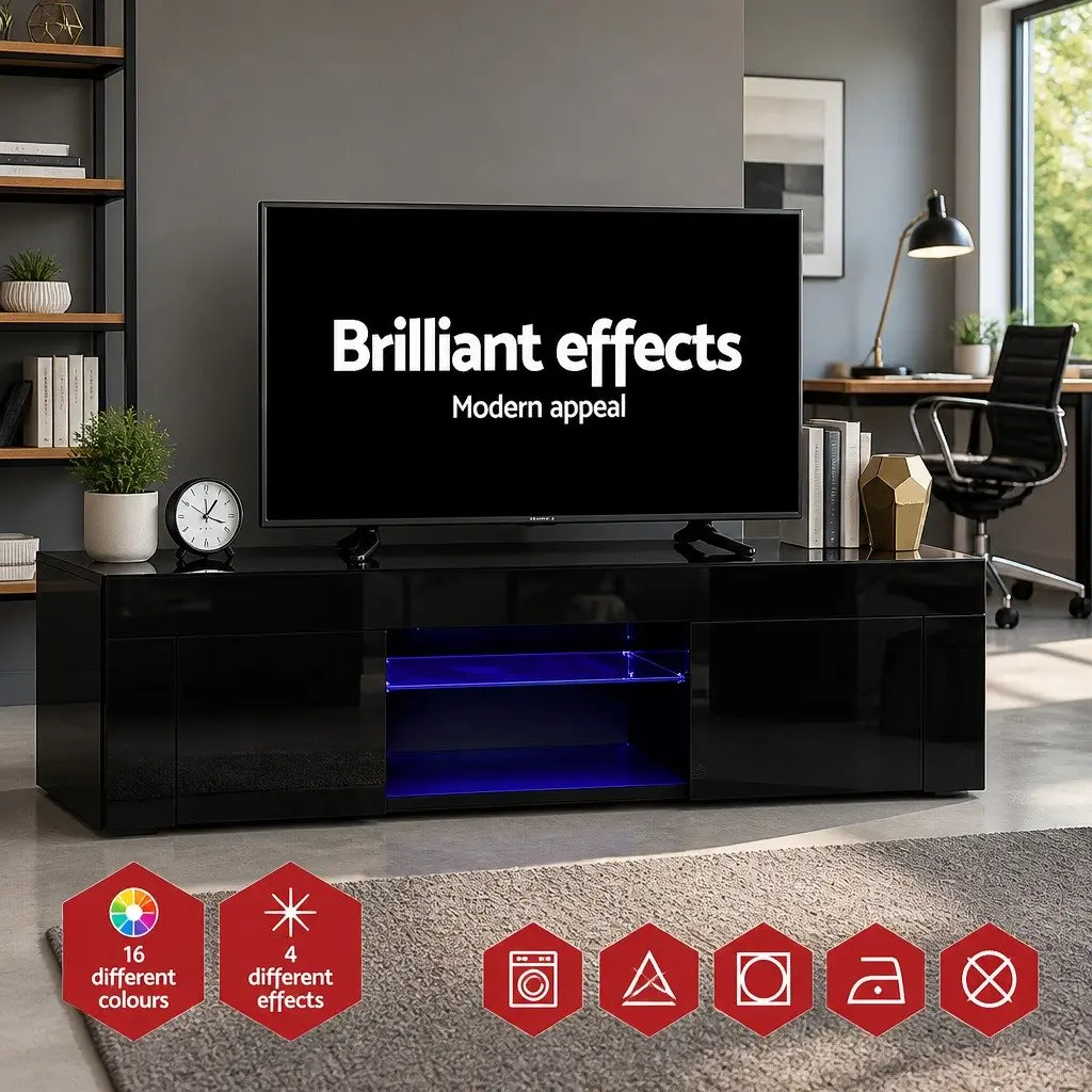 TV Unit Cabinet Modern 130cm Black RGB LED Lighting Storage Particle Board Tempered Glass