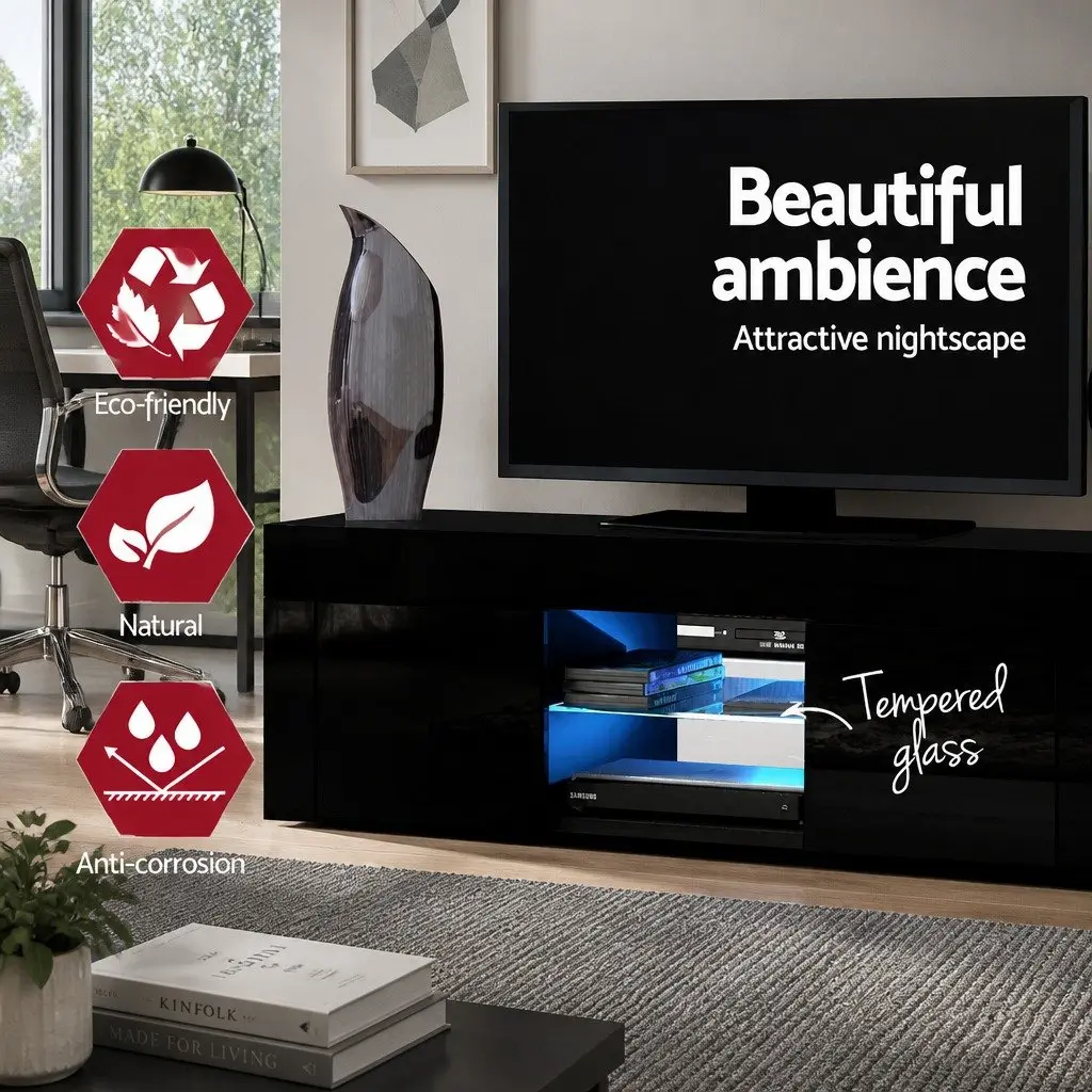 TV Unit Cabinet Modern 130cm Black RGB LED Lighting Storage Particle Board Tempered Glass