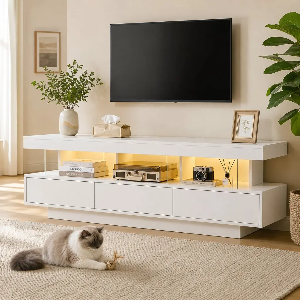 TV Unit Modern 160CM White LED Entertainment Storage Drawers