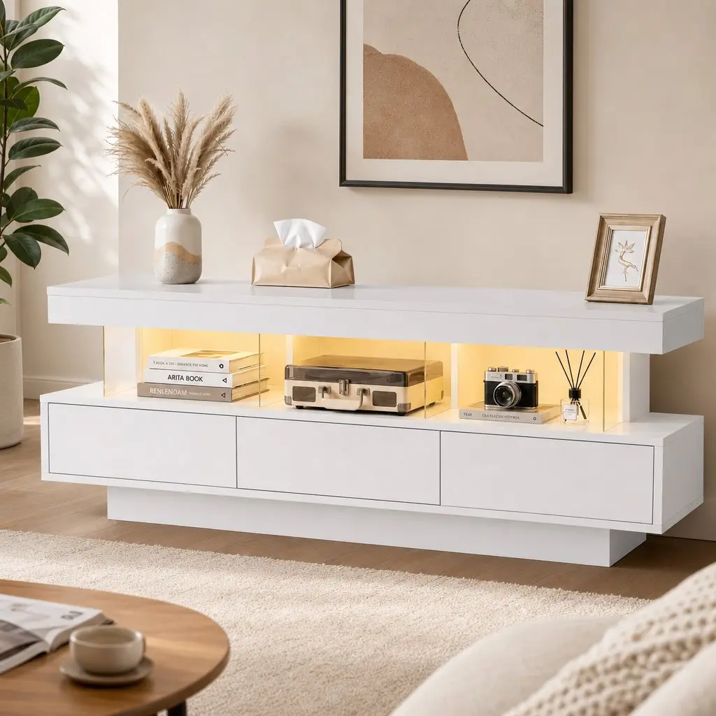 TV Unit Modern 160CM White LED Entertainment Storage Drawers