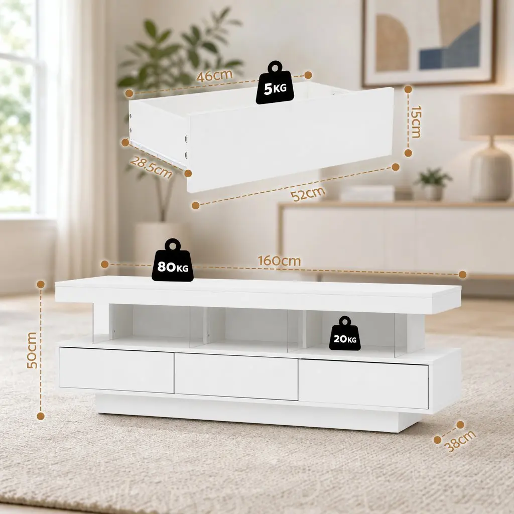 TV Unit Modern 160CM White LED Entertainment Storage Drawers