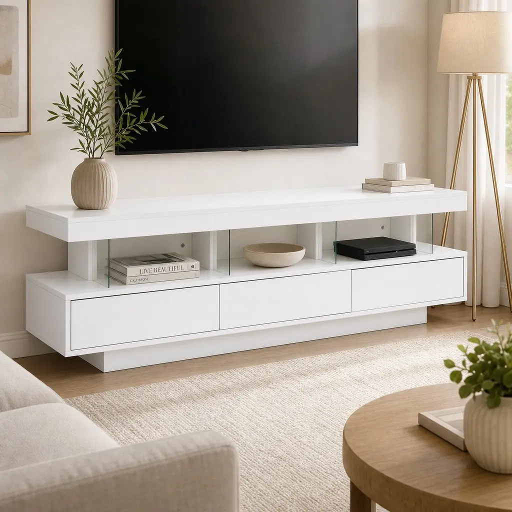 TV Unit Modern 160CM White LED Entertainment Storage Drawers
