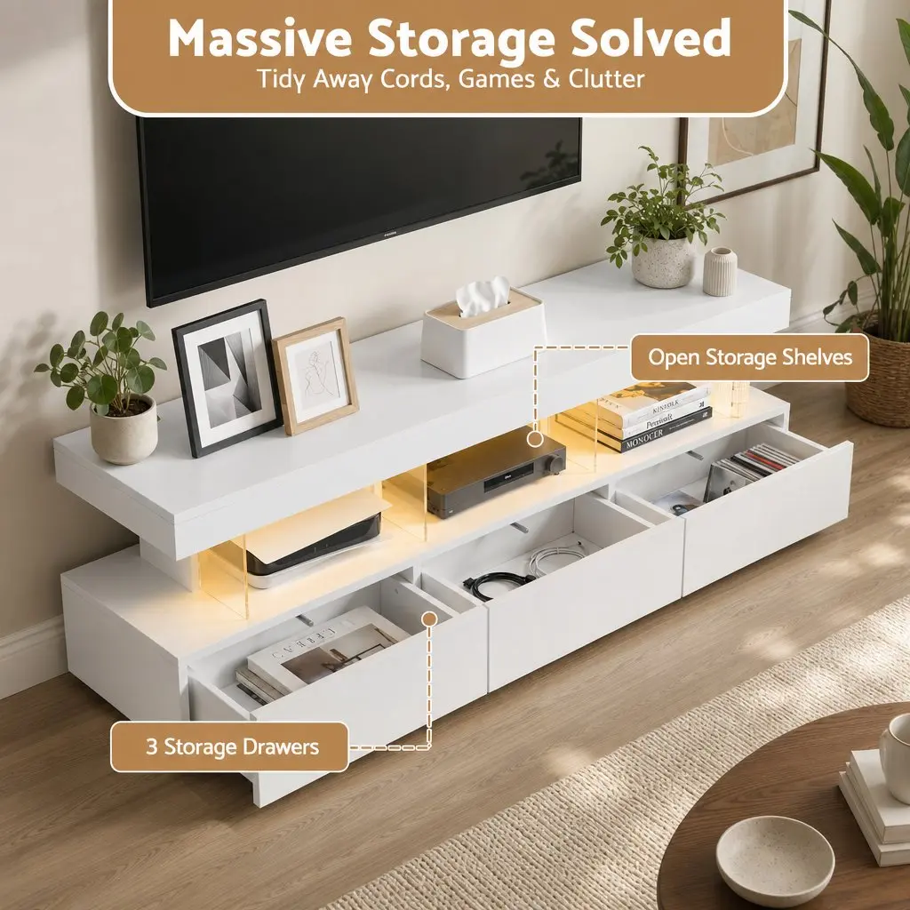 TV Unit Modern 160CM White LED Entertainment Storage Drawers