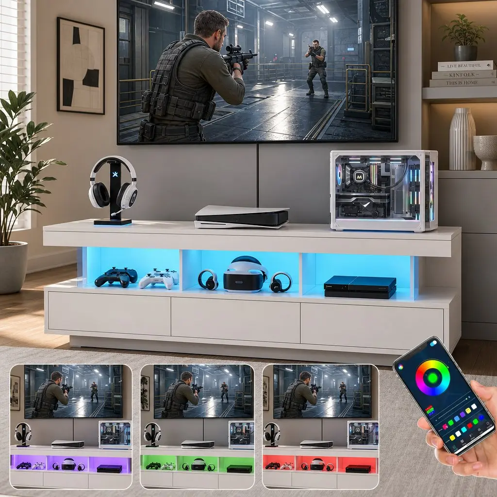 TV Unit Modern 160CM White LED Entertainment Storage Drawers