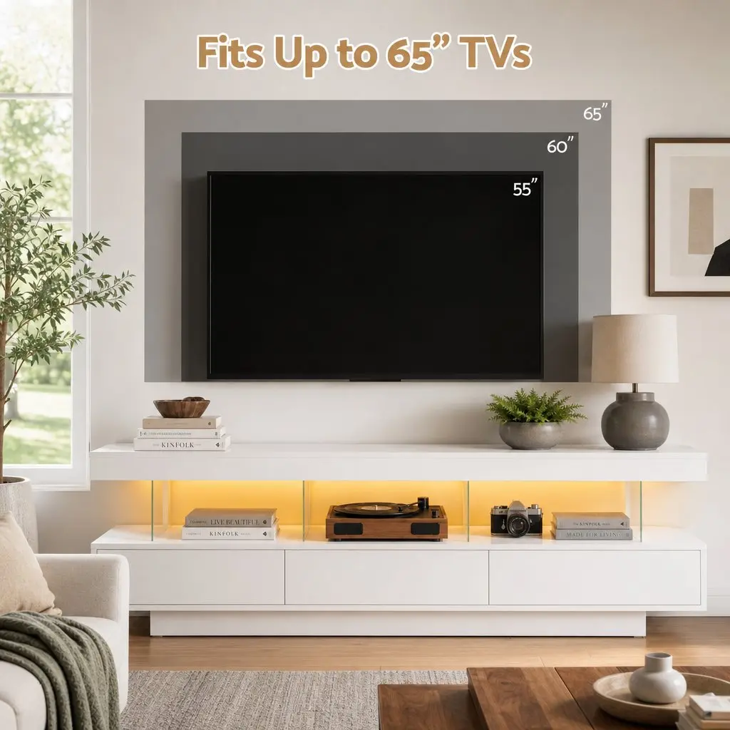TV Unit Modern 160CM White LED Entertainment Storage Drawers