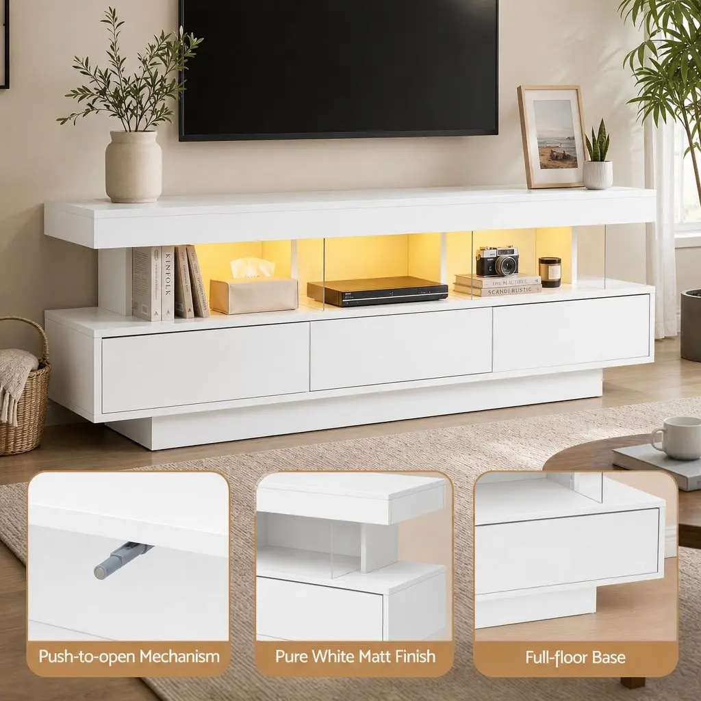 TV Unit Modern 160CM White LED Entertainment Storage Drawers