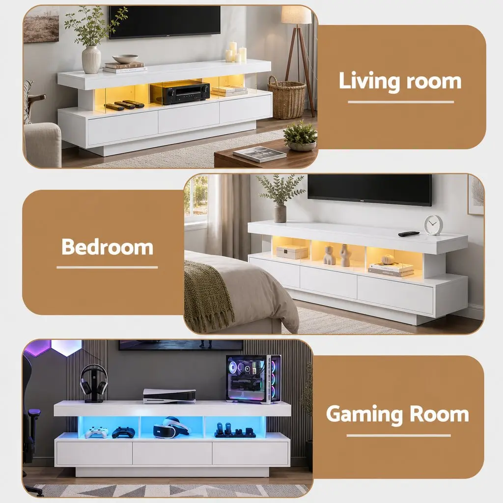 TV Unit Modern 160CM White LED Entertainment Storage Drawers