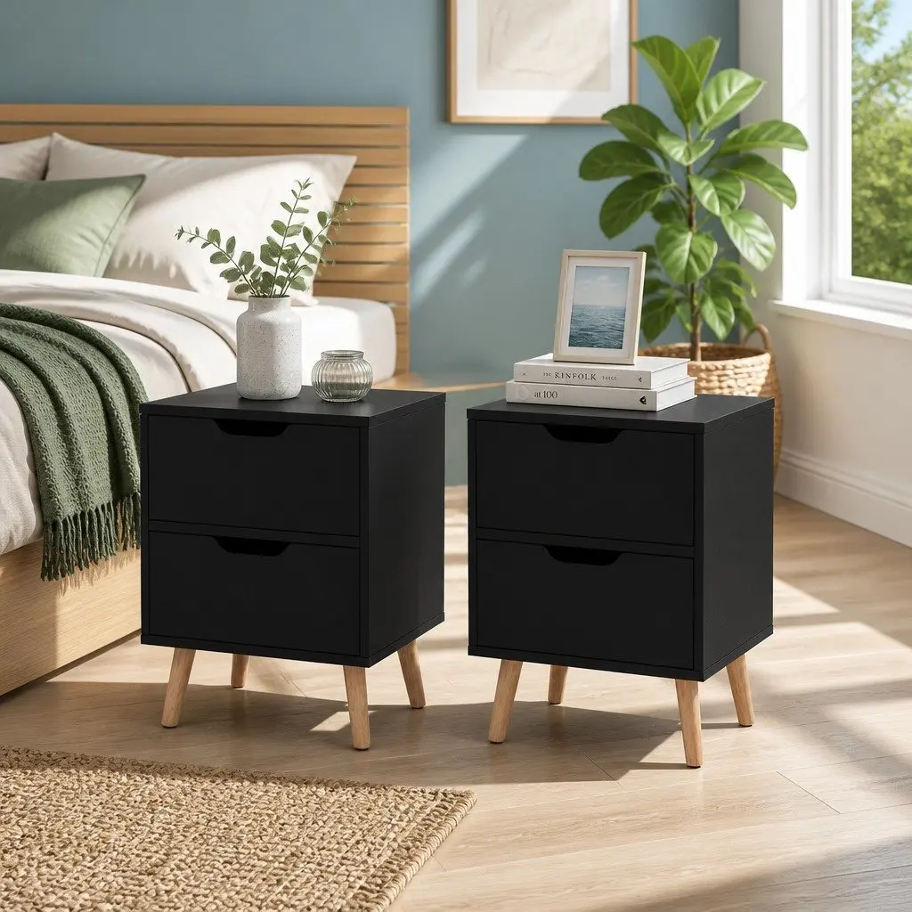 Bedside Table Black 2 Drawers Particle Board Modern Nightstand Furniture