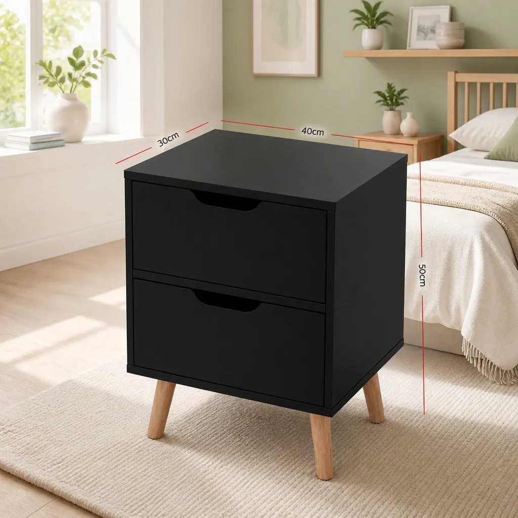 Bedside Table Black 2 Drawers Particle Board Modern Nightstand Furniture