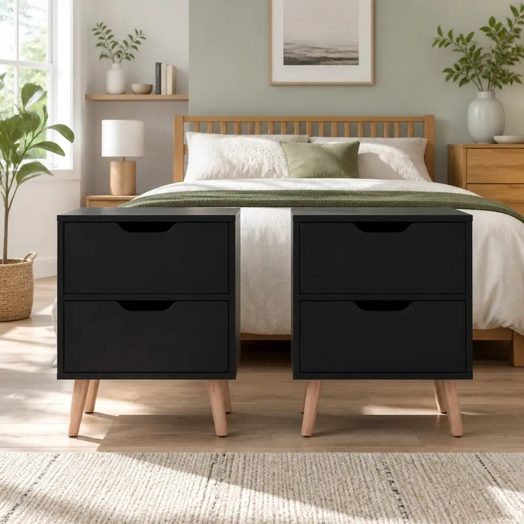 Bedside Table Black 2 Drawers Particle Board Modern Nightstand Furniture