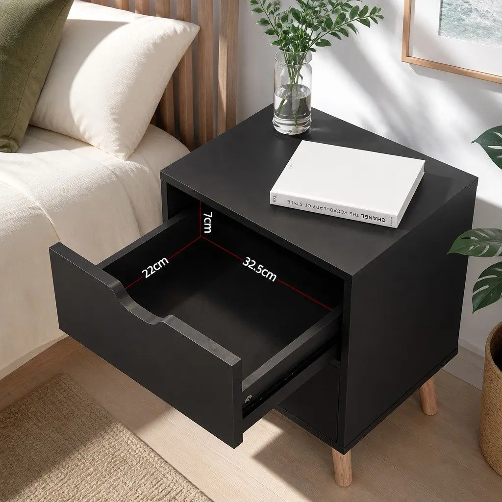 Bedside Table Black 2 Drawers Particle Board Modern Nightstand Furniture