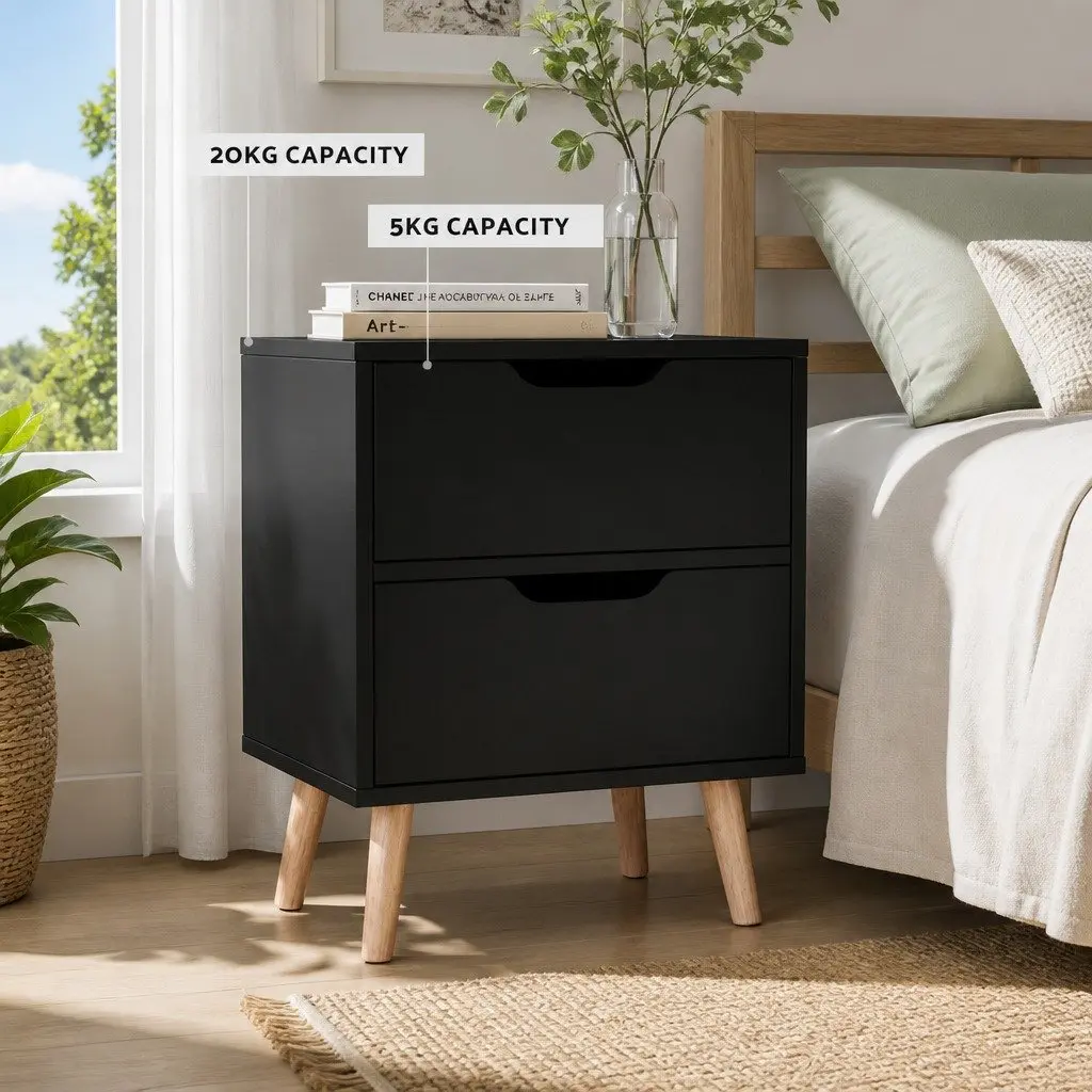 Bedside Table Black 2 Drawers Particle Board Modern Nightstand Furniture