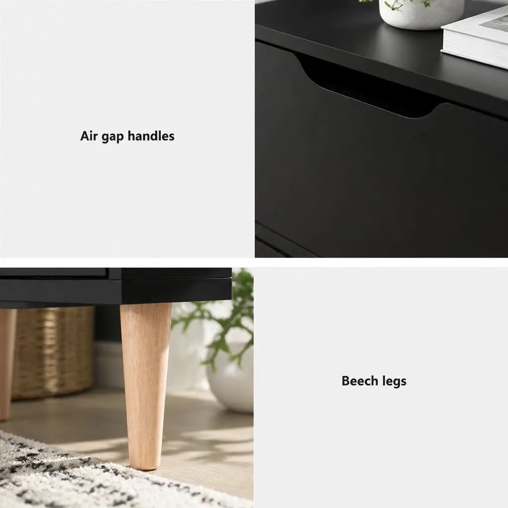 Bedside Table Black 2 Drawers Particle Board Modern Nightstand Furniture