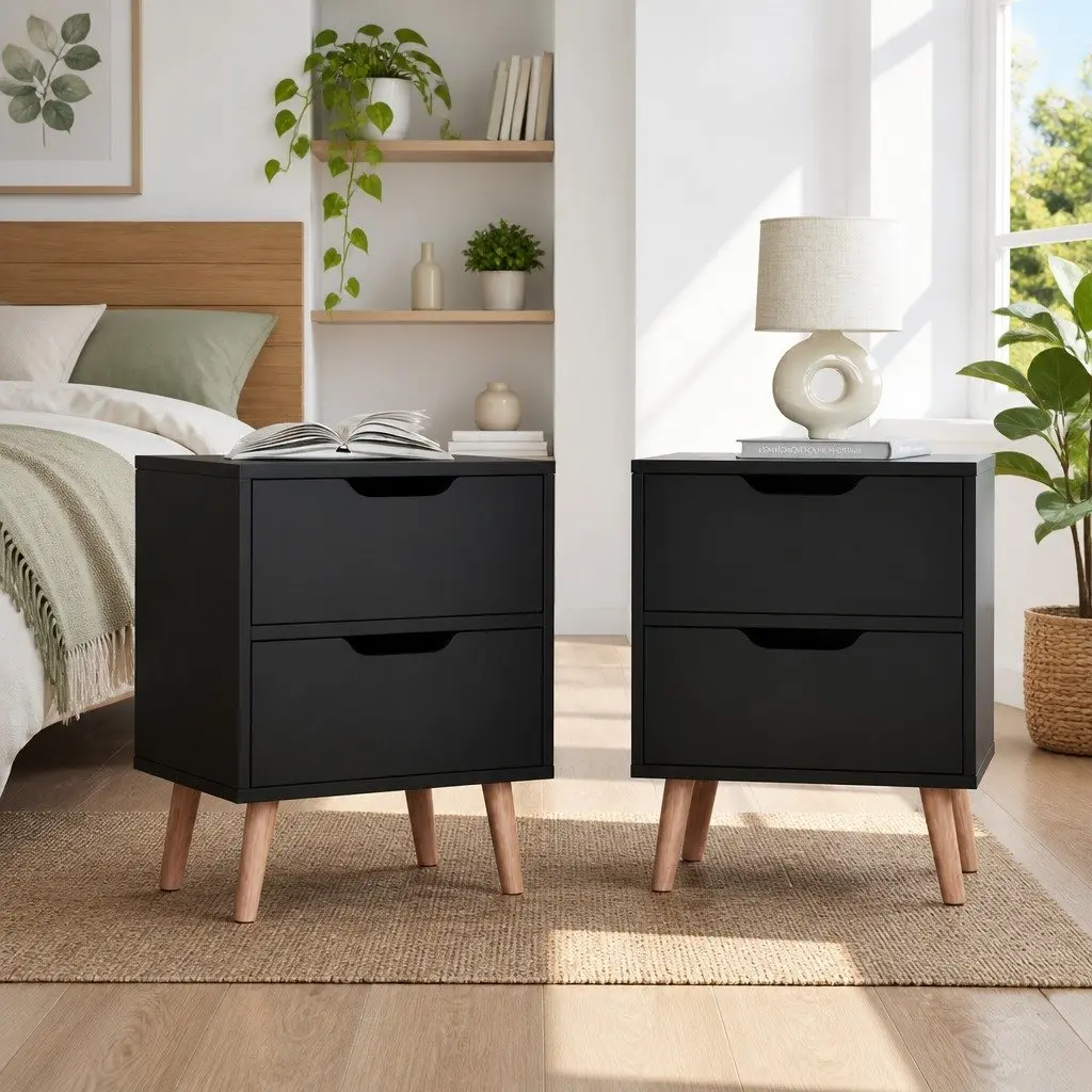 Bedside Table Black 2 Drawers Particle Board Modern Nightstand Furniture