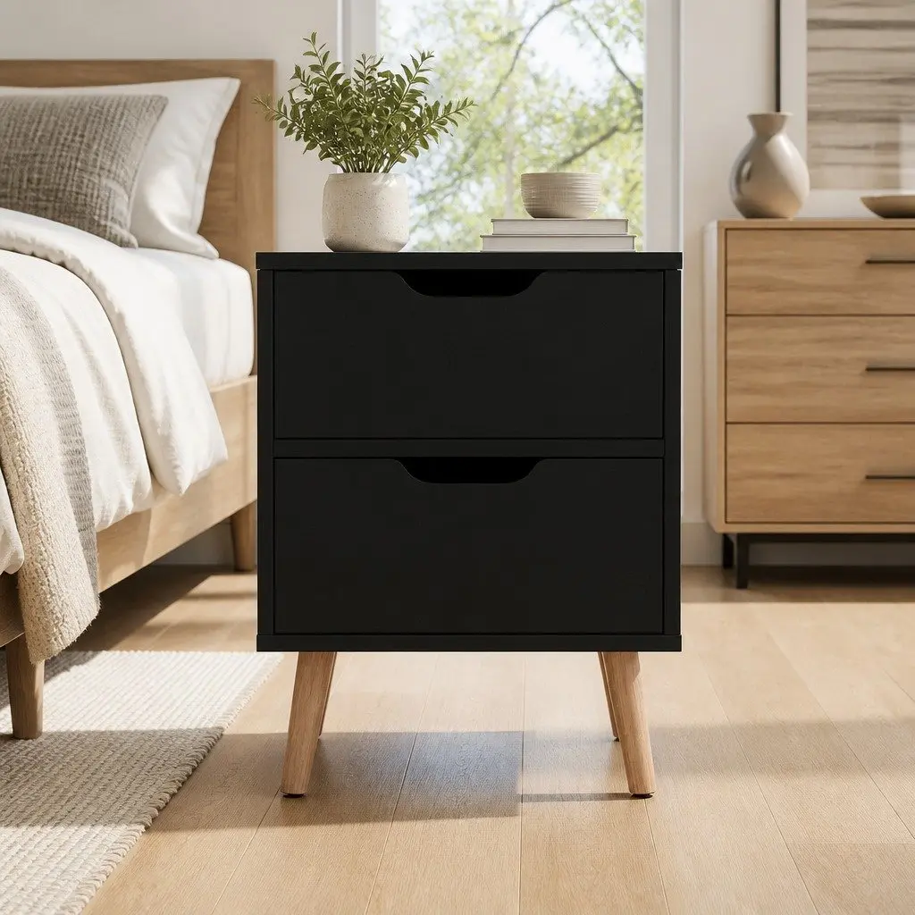 Bedside Table Black 2 Drawers Particle Board Nightstand Storage