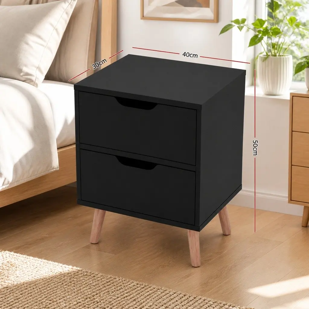 Bedside Table Black 2 Drawers Particle Board Nightstand Storage