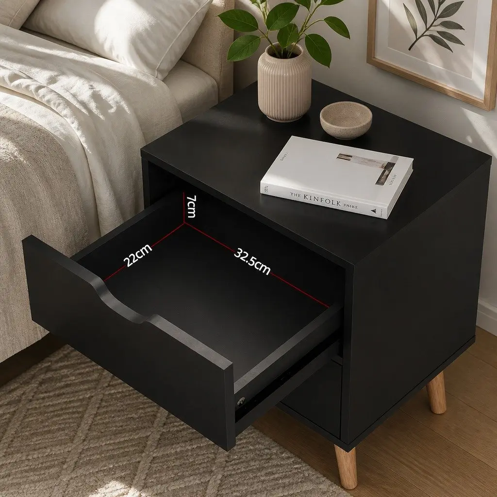 Bedside Table Black 2 Drawers Particle Board Nightstand Storage
