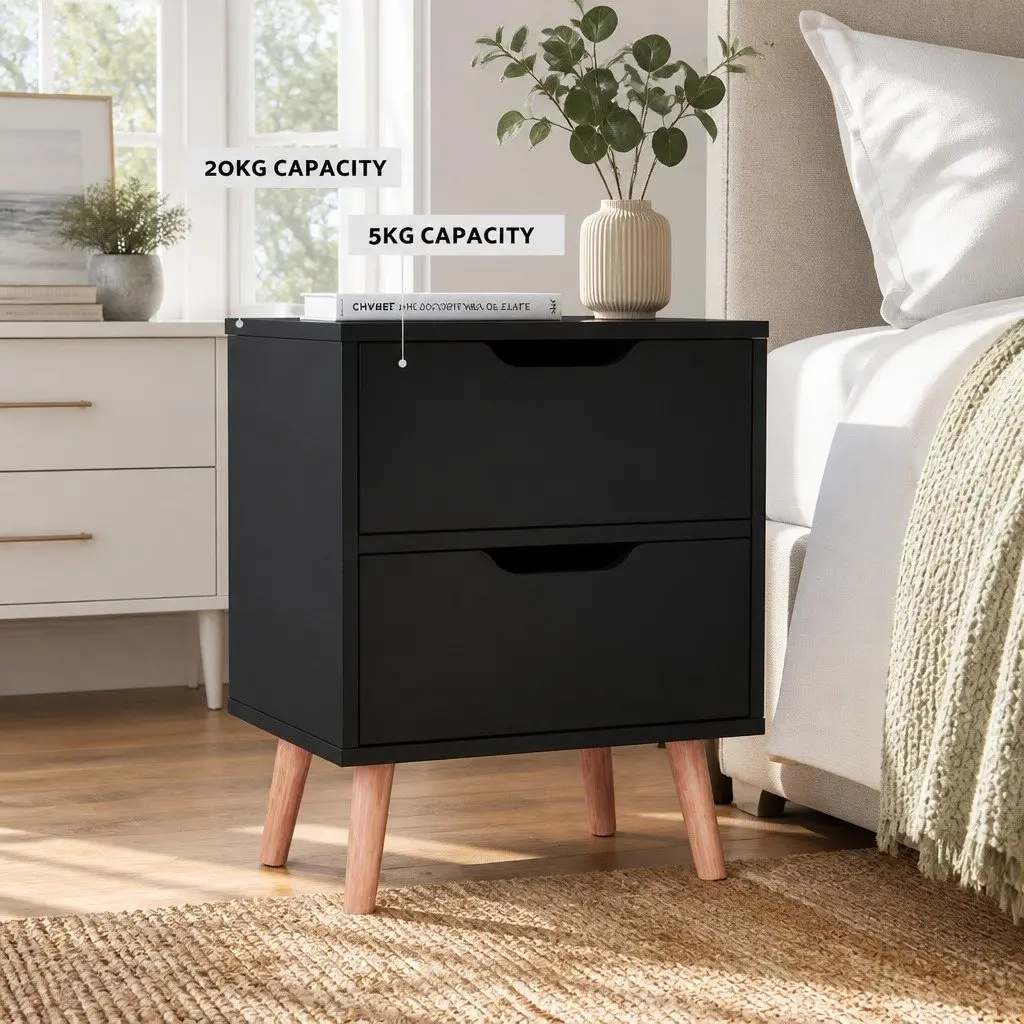 Bedside Table Black 2 Drawers Particle Board Nightstand Storage