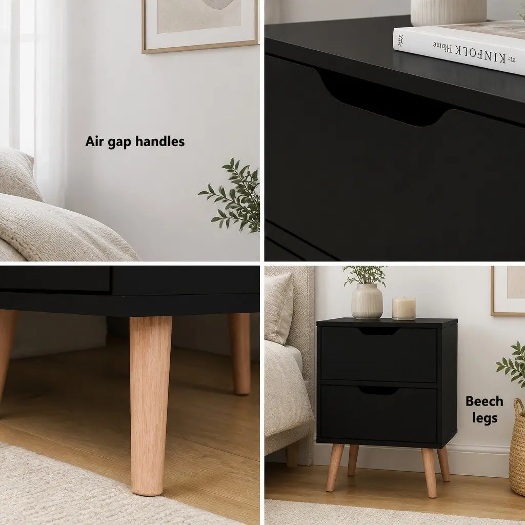 Bedside Table Black 2 Drawers Particle Board Nightstand Storage
