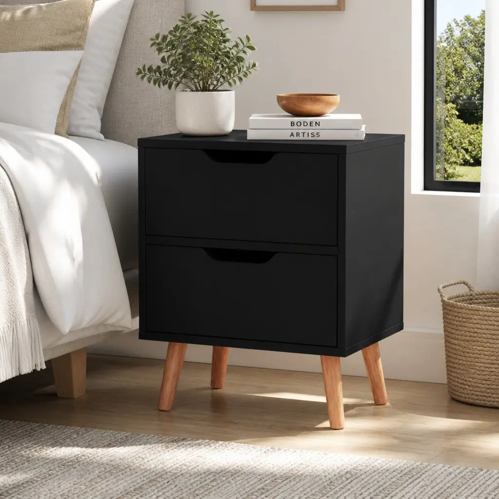 Bedside Table Black 2 Drawers Particle Board Nightstand Storage