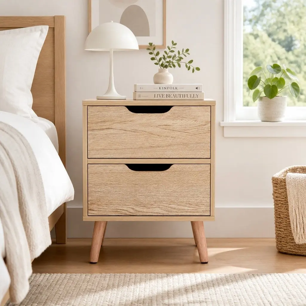 Bedside Table Black 2 Drawers Storage Furniture Easy Assembly Wood