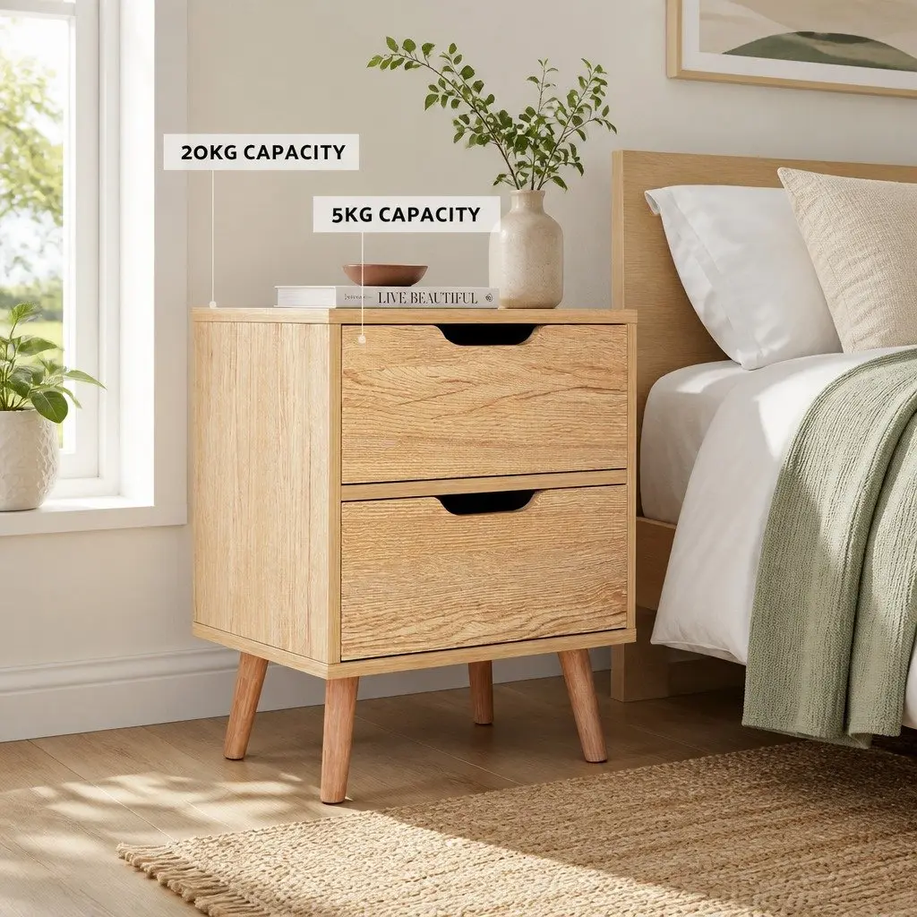 Bedside Table Black 2 Drawers Storage Furniture Easy Assembly Wood