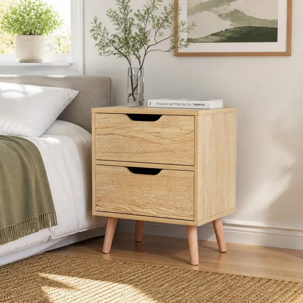 Bedside Table Black 2 Drawers Storage Furniture Easy Assembly Wood