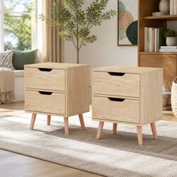 Charming Black Pine Wood Bedside Table with 2 Drawers