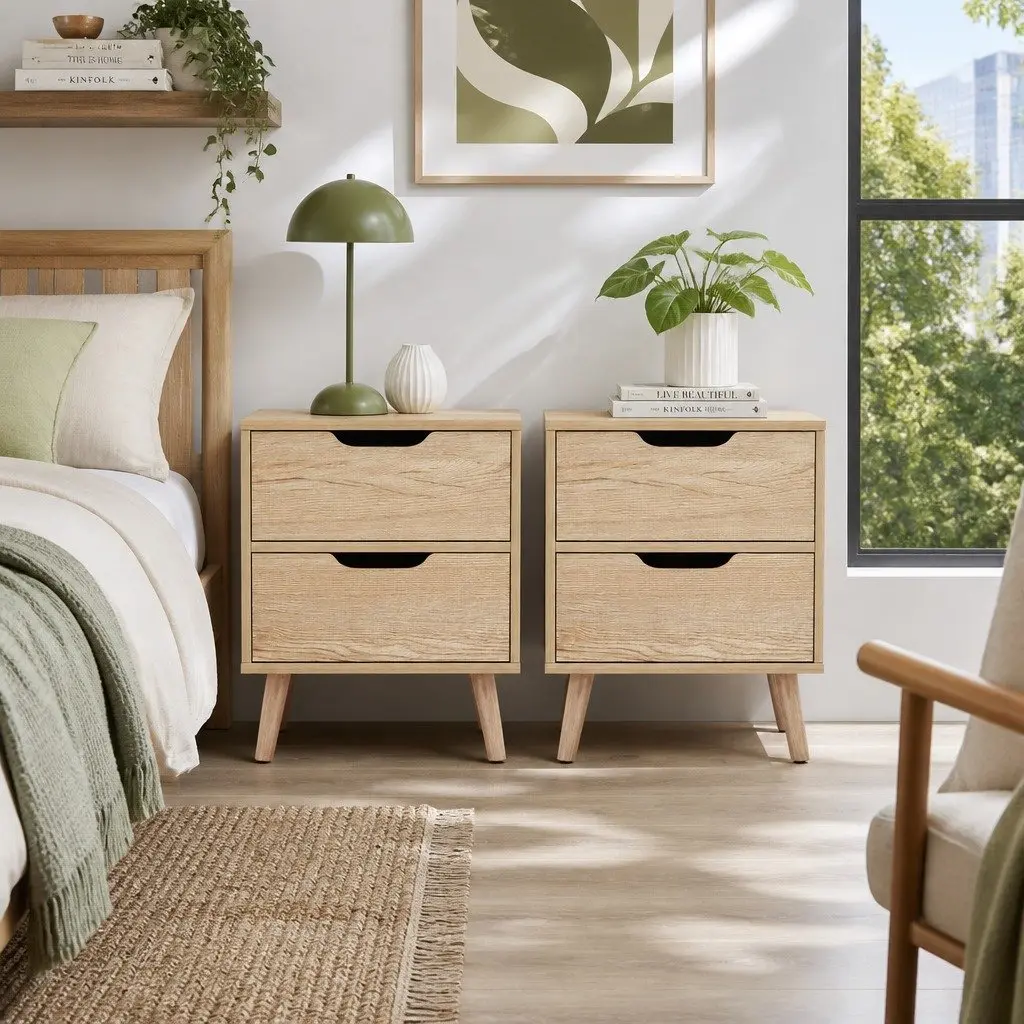 Bedside Table 2 Drawers Nightstand Bedroom Storage Furniture Black Pine Wood