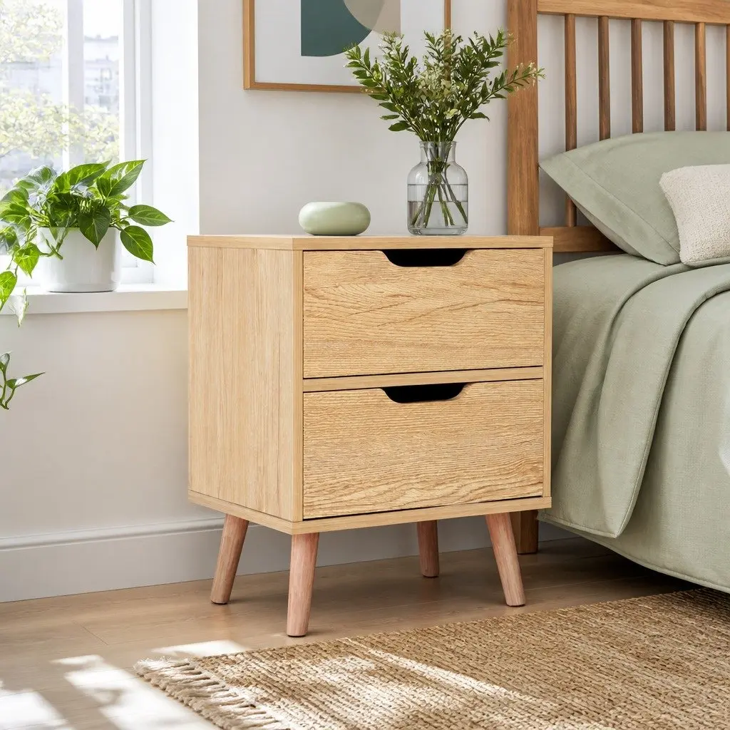 Bedside Table 2 Drawers Nightstand Bedroom Storage Furniture Black Pine Wood
