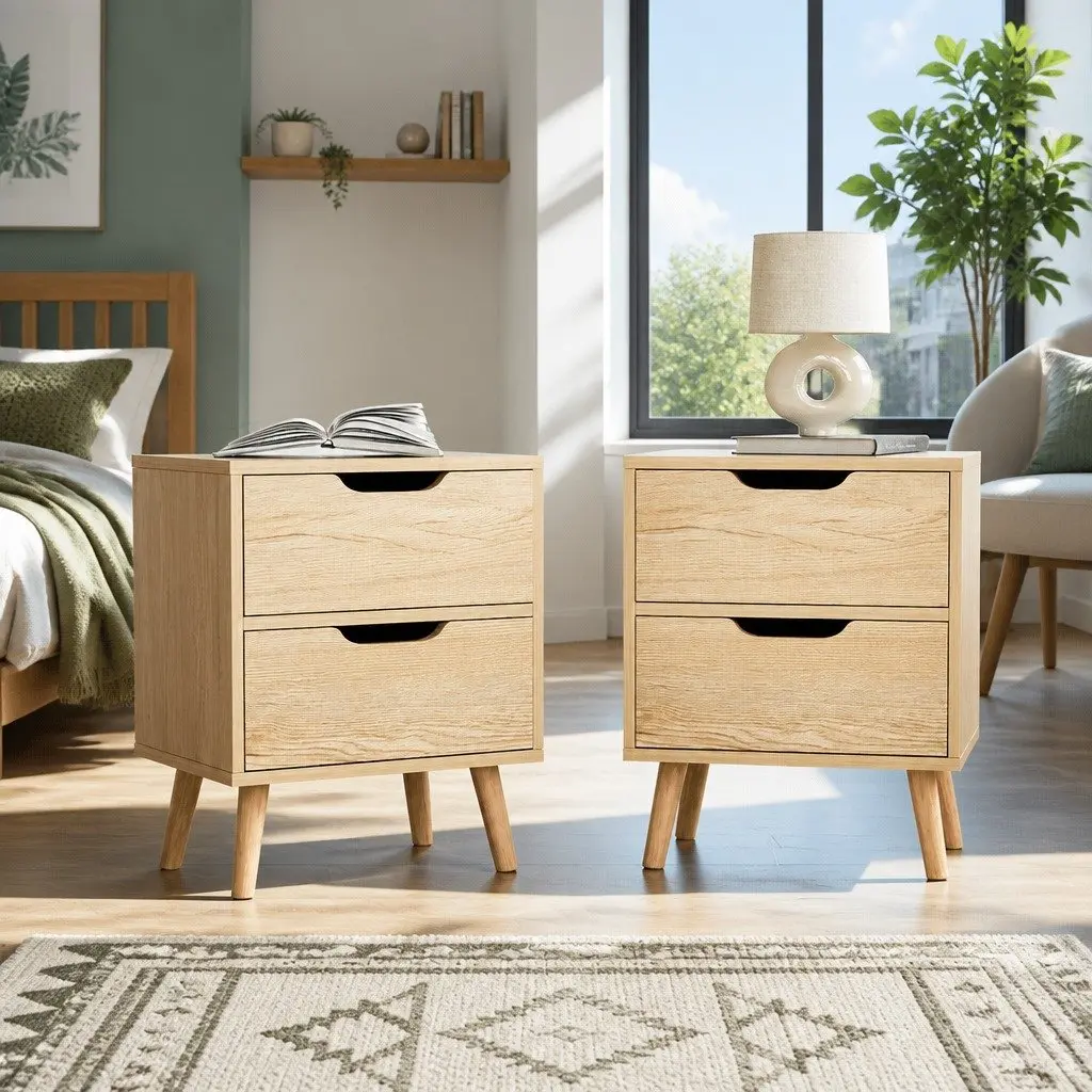Bedside Table 2 Drawers Nightstand Bedroom Storage Furniture Black Pine Wood